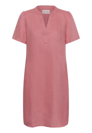 Locker sitzendes Kurzarm-Knie-kurzes Kleid in staubrosa mit tiefem V-Ausschnitt und dezenten Schulterraffungen.