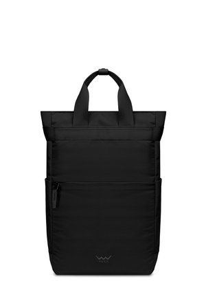 Black tote bag made of durable fabric with two short handles, a front zip pocket, and a foldable top. Minimalist design with no patterns.