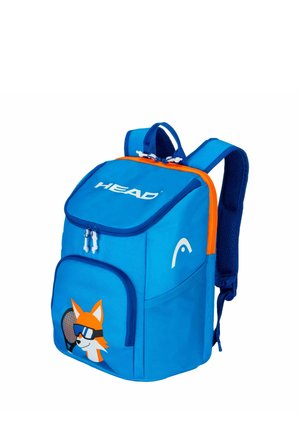 Mochila azul con cremallera naranja, correas acolchadas, logotipo '"HEAD"' y un zorro de dibujos animados con gafas de sol sosteniendo una raqueta de tenis en el bolsillo delantero.