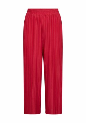 Pantaloni plissettati rossi con cintura elasticizzata, realizzati in un tessuto leggero e con una vestibilità rilassata e cropped. Strisce verticali testurizzate su tutta la superficie.