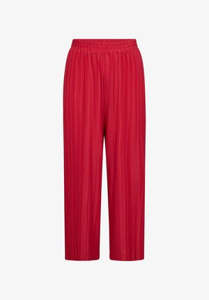 Červené plisované nohavice s elastickým pásom, vyrobené z ľahkého materiálu a s uvoľneným, skráteným strihom. S textúrovanými vertikálnymi prúžkami po celom povrchu.