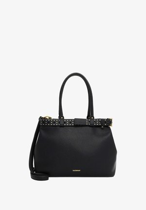 Musta nahkainen käsilaukku, jossa on jämäkkä muoto, niitillä koristeltu vyö, kaksinkertaiset kahvat ja irrotettava olkahihna. Kultaiset metalliosat.