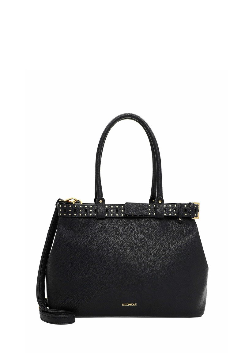 Sort læderhåndtaske med en struktureret form, bælte med nitter, to håndtag og en aftagelig skulderrem. Detaljer i guldmetal.