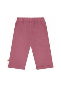 Pantaloni di cotone rosa con cintura elastica, risvolti e una tasca posteriore. Texture liscia senza motivi o accessori visibili.