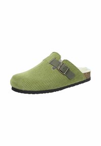 Green corduroy clogs with a buckle detail and soft inner lining. Features a textured surface and a black rubber sole for grip.