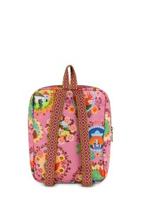 Roze stoffen rugzak met levendige bloem- en karakterpatronen. Inclusief twee gestreepte banden en een handvat aan de bovenkant voor gemakkelijk dragen.