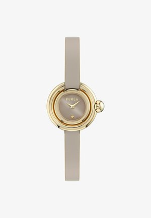 Ronde horloge van Furla met goudkleurige kast, beige leren band en minimalistische wijzerplaat die 10:10 aangeeft.