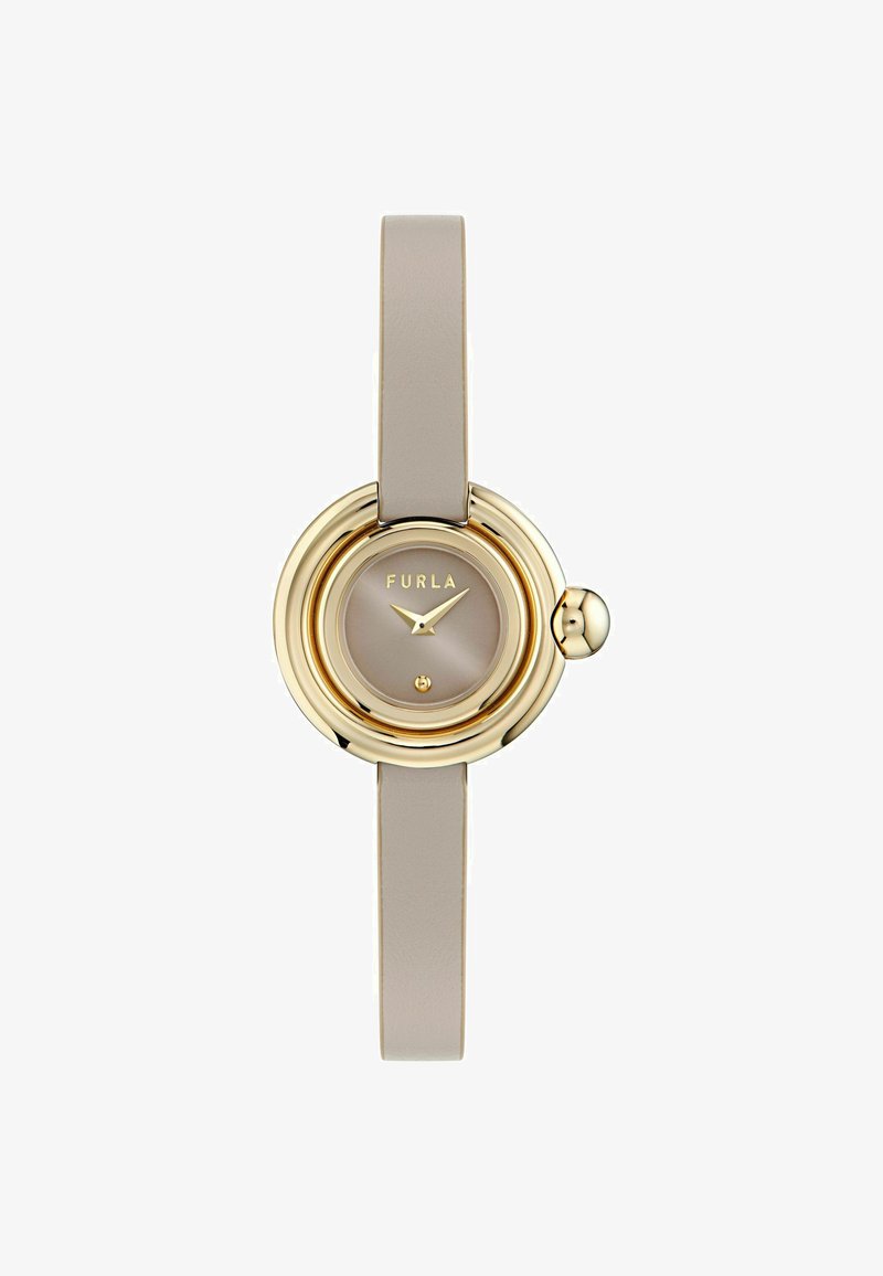Montre-bracelet Furla ronde en ton or avec bracelet en cuir beige et cadran minimaliste affichant 10h10.