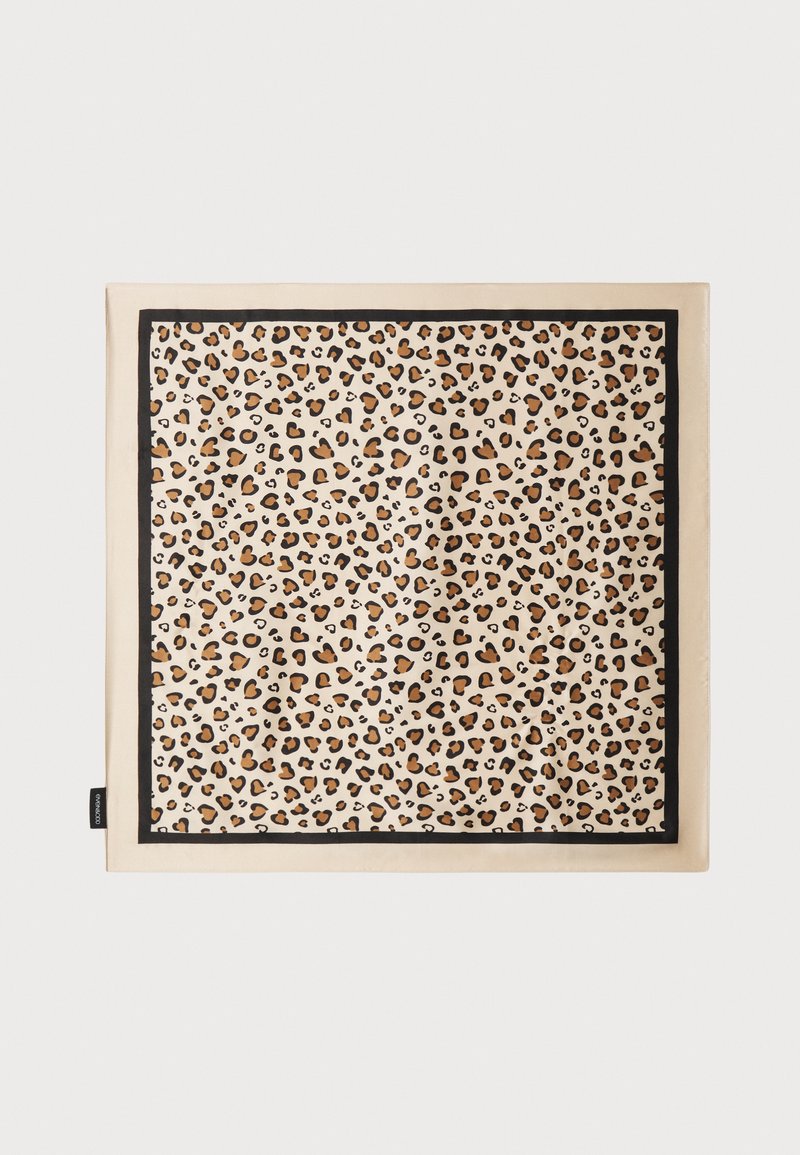 Leopard print scarf with beige background, black border, and textured fabric. Features various shades of brown and black leopard spots.