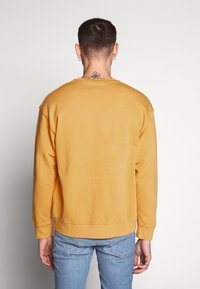 Felpa girocollo gialla con maniche lunghe, polsini e orlo ribassati, caratterizzata da una vestibilità casual e una texture morbida. Dettaglio delle cuciture visibili sul colletto.