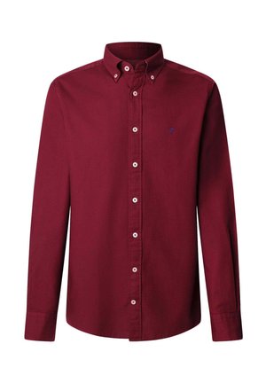Burgundy long-sleeve shirt with button-down collar, featuring white buttons and a small blue logo on the chest. Cotton fabric with smooth texture.