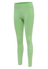 Jasnozielone dopasowane legginsy z wysokim paskiem, subtelnymi przeszyciami i małym logo "hummel" po lewej stronie paska.