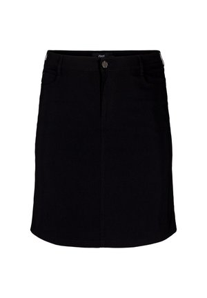 Schwarzer Denim-Rock mit taillierter Silhouette, vorderer Knopfverschluss und zwei Seitentaschen. Verfügt über eine glatte Textur und einen knielangen Schnitt.