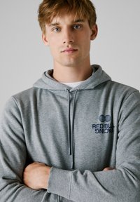 Felpa grigia con cappuccio e logo che reca la scritta "RED BULL RACING." Presenta cordini e polsini a costine, realizzata in un materiale morbido e testurizzato.