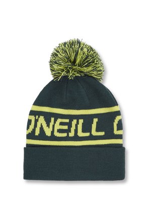 Cappello lavorato a maglia di un verde scuro con una fascia a righe gialle e verdi che presenta la scritta "ONEILL", sormontato da un pom-pom soffice.