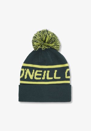 Bonnet tricoté vert foncé avec une bande rayée jaune et verte portant le texte "ONEILL", surmonté d'un pompon duveteux.