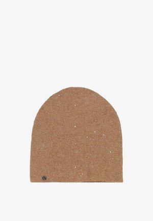 Brown knit beanie with an abstract, textured pattern and small, scattered sequins. Rounded top, soft fabric, featuring a logo tag at the bottom.