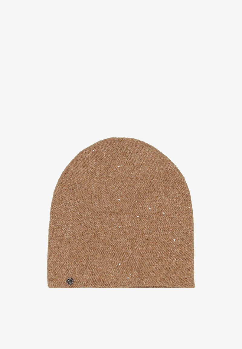 Beanie in maglia marrone con un motivo astratto e testurizzato e piccole paillettes sparse. Parte superiore arrotondata, tessuto morbido, con un'etichetta logo in basso.