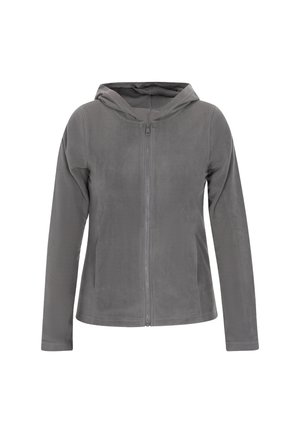 Giacca in pile grigia con cappuccio, dotata di maniche lunghe, zip frontale completa e una texture liscia. Adatta per un abbigliamento casual.