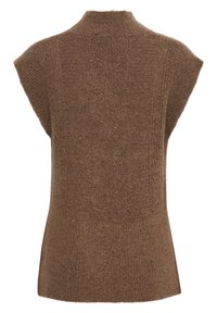 Bruine gebreide mouwloze trui met geribbelde zoom, hoge halslijn en brede schouderopeningen, van achteren weergegeven.