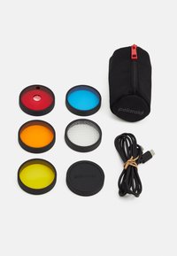 Polaroid filter kit with six circular filters in red, blue, orange, yellow, and a textured clear lens. Black zippered case and USB cable included.