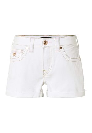 Witte denim shorts met opgerolde zomen, voorste knoop en meerdere zakken met koperen klinknagels en stiksel details.