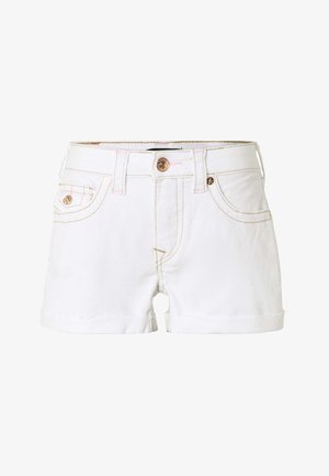 Witte denim shorts met opgerolde zomen, voorste knoop en meerdere zakken met koperen klinknagels en stiksel details.