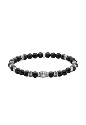 Black bead bracelet with silver decorative beads, one engraved with geometric patterns and one small bead engraved with "SABO".