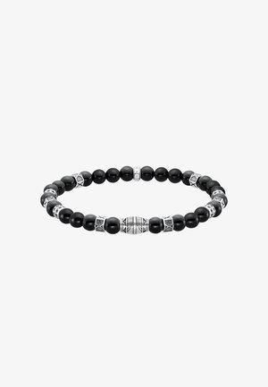 Black bead bracelet with silver decorative beads, one engraved with geometric patterns and one small bead engraved with "SABO".