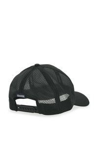 Cappellino nero con retro in rete e parte frontale solida. Presenta una chiusura snapback regolabile e un'etichetta "SEASIDE" sul lato.