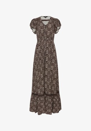 Robe longue marron à motif avec manches courtes bouffantes, col en V, devant boutonné, taille cintrée et ourlet à volants.
