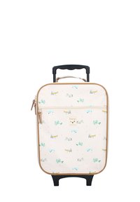 Valise de cabine avec un tissu crème clair ornée d'un motif d'avions colorés, bords arrondis, poignée rétractable noire et deux roues.