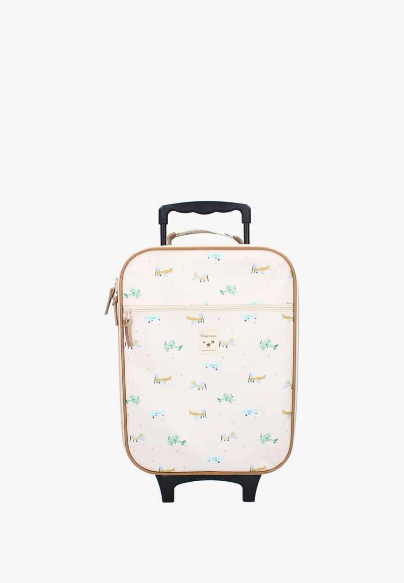 Kabinentrolley mit einem hellcremefarbenen Stoff, der mit einem Muster aus bunten Flugzeugen versehen ist, abgerundeten Kanten, einem schwarzen ausziehbaren Griff und zwei Rädern.