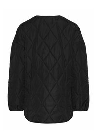 Black quilted jacket with a diamond-patterned texture, round neckline, and long sleeves. Soft material with a relaxed fit.