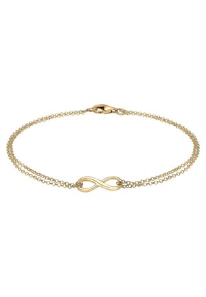 Guld armbånd med et dobbelt kæde design og et uendelighedssymbol som midtpunkt. Sikker lås med hummertanglukning. Glat, poleret overflade.