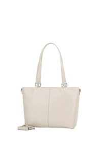 Borsa a spalla in pelle beige con texture liscia, due manici lunghi e tracolla staccabile; presenta un design minimalista e dettagli di cucitura sottili.