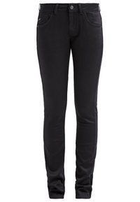 Černé džíny z denimu s úzkým střihem, s designem pěti kapes, zapínáním na knoflík a jemnými švy na kapsách. Hladká textura.