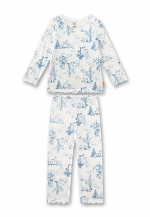 Set di pigiama per bambini a manica lunga con pantaloni a vita elastica, tessuto bianco decorato con scene di foresta e animali blu e piccolo fiocco arancione sul collo.