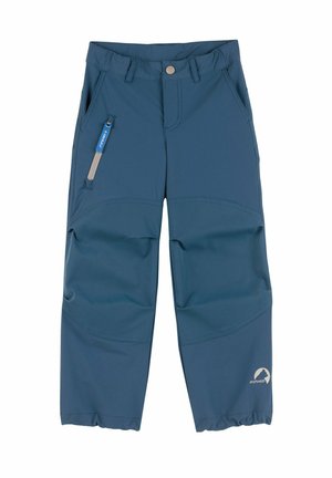 Pantalons soft-shell bleus fabriqués à partir d'un tissu durable. Comprend une poche zippée, une taille élastiquée et des poignets froncés aux chevilles.