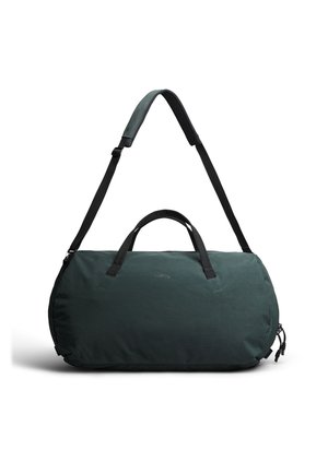 Borsa a sacco verde scuro con manici neri e tracolla regolabile su sfondo bianco.