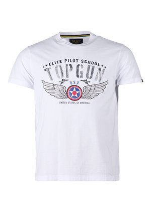 Weißes T-Shirt mit dem Text "Elite Pilot School TOP GUN", dem Rundlogo der U.S. Navy mit Flügeln, zwei Silhouetten von Jets und dem Text "Vereinigte Staaten von Amerika" darunter.