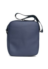 Granatowa torba crossbody o gładkiej, teksturowanej powierzchni, w kształcie kwadratu oraz regulowanym pasku. Posiada zamek błyskawiczny u góry i minimalistyczny design.