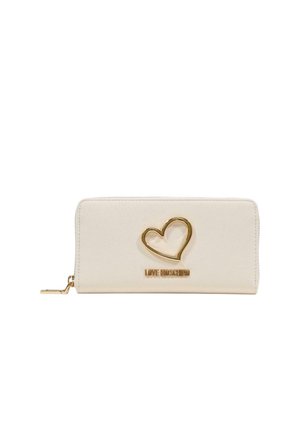 Portafoglio color crema con zip, dettaglio a forma di cuore dorato e logo Love Moschino sul davanti.
