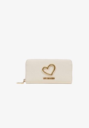 Portafoglio color crema con zip, dettaglio a forma di cuore dorato e logo Love Moschino sul davanti.