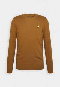 Brązowy sweter z długim rękawem wykonany z miękkiego dzianinowego materiału, z prążkowanymi mankietami i dołem, z małym żółtym logo na lewej piersi.