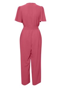 Salopette rosa con maniche corte, vita aderente e silhouette a gamba larga. Realizzata in tessuto liscio con chiusura a zip sul retro.
