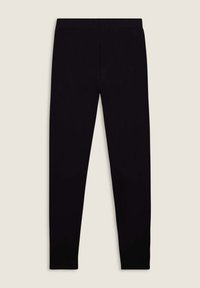 Leggings noirs en tissu lisse et extensible avec une coupe ajustée. Couleur unie simple sans motifs ni coutures visibles.