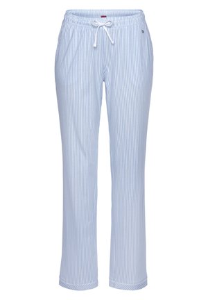 Lichtblauwe en witte gestreepte pyjamabroek met een elastische tailleband, trekkoord en rechte pijpen; gemaakt van zachte, ademende stof.