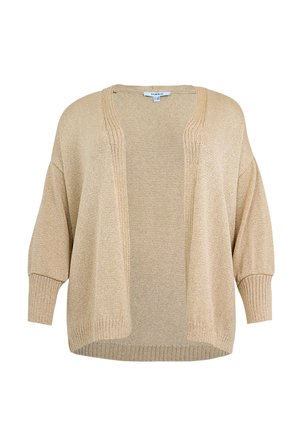 Beige cardigan med åben front, strikket med lange ærmer samt ribstrikkede manchetter, krave og kant, vist på en hvid baggrund.