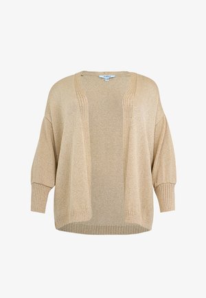 Beige Strickcardigan mit offenem Vorderteil, langen Ärmeln sowie gerippten Bündchen am Ärmelansatz, Kragen und Saum, präsentiert auf weißem Hintergrund.